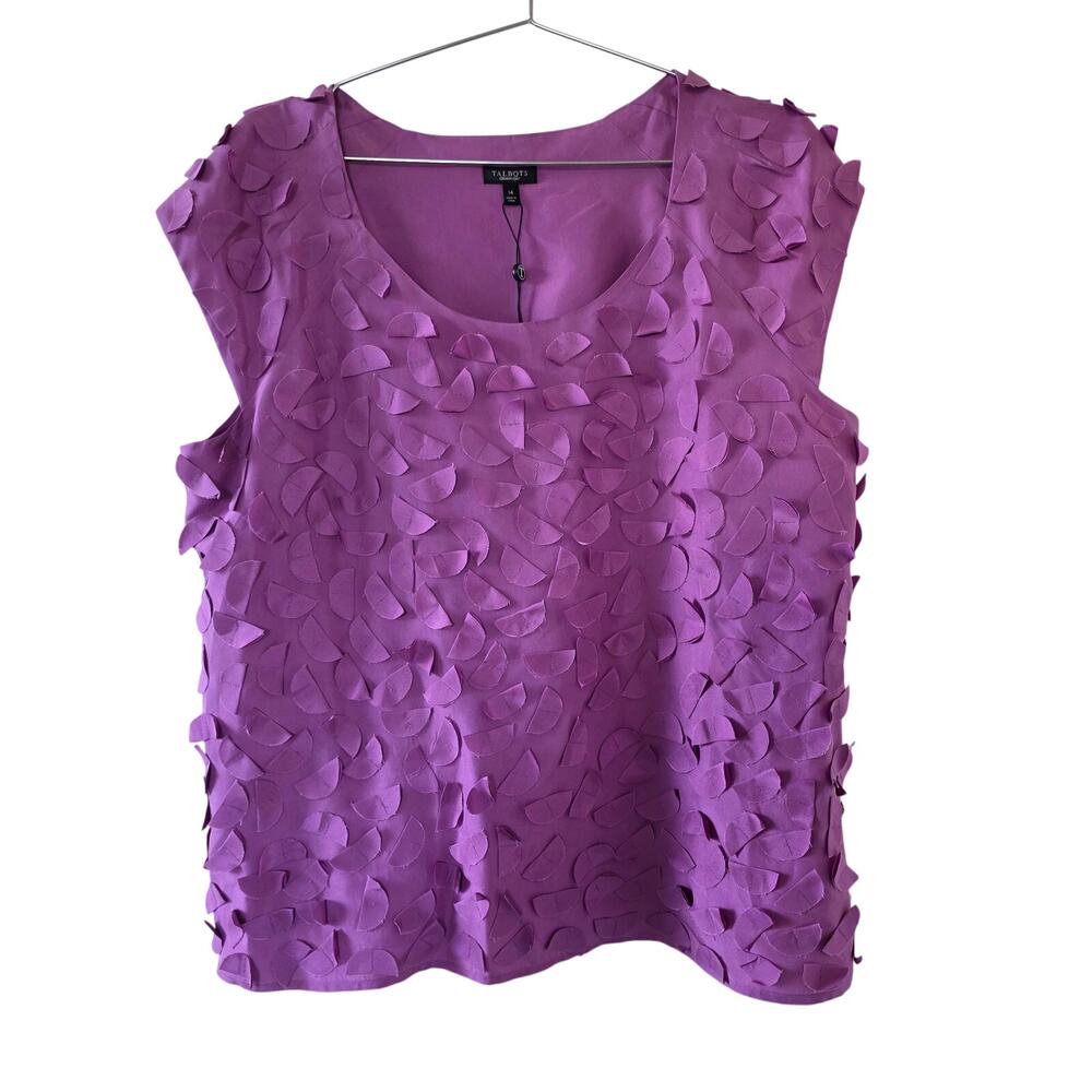 Talbots Silk Sleeveless Top Textured Petal Appliqué Fuchsia Pink Women Size 14